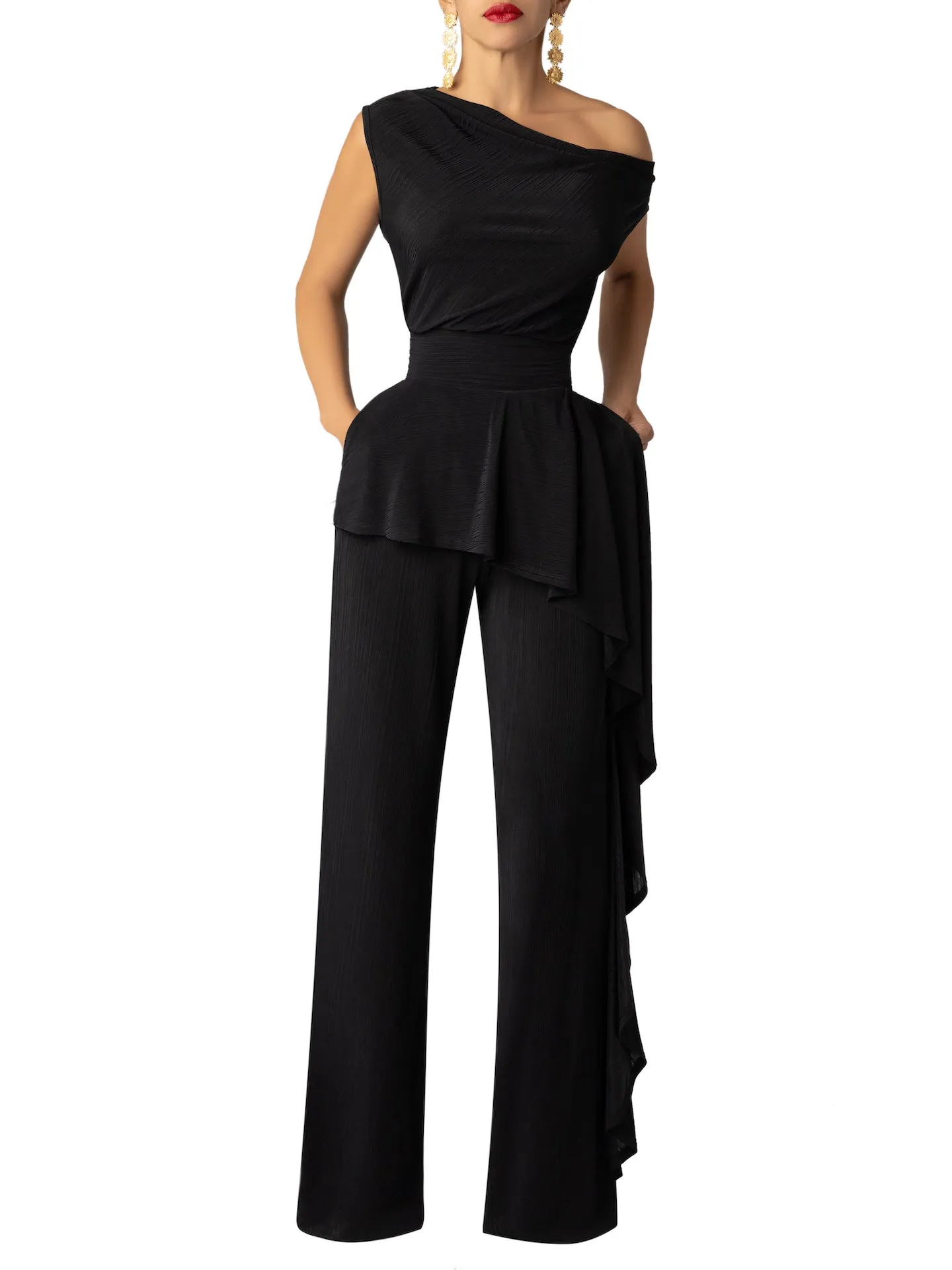 “Agate” Black Off-Shoulder Jumpsuit