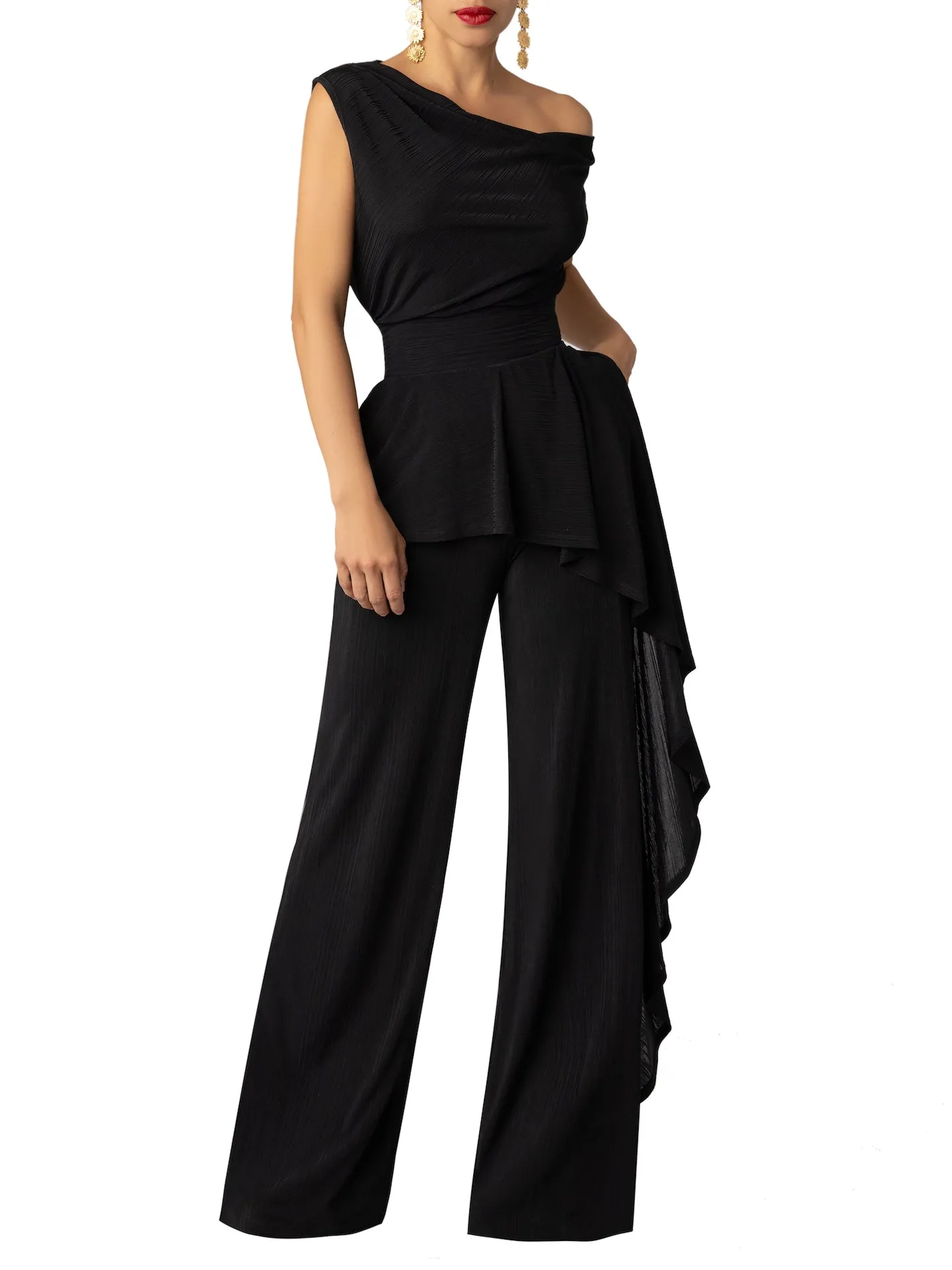 “Agate” Black Off-Shoulder Jumpsuit