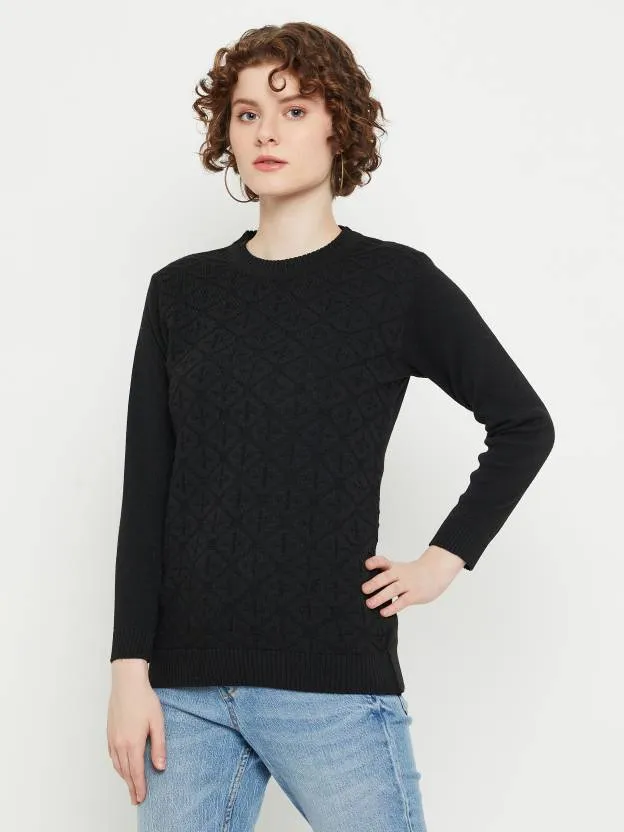 Black round neck Geometric print sweater
