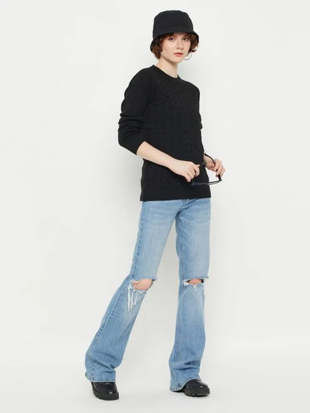 Black round neck Geometric print sweater