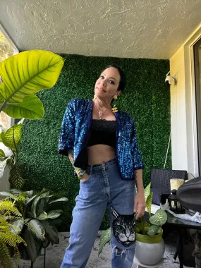 Carribean Blue Sequin Beaded Cropped Bolero Jacket