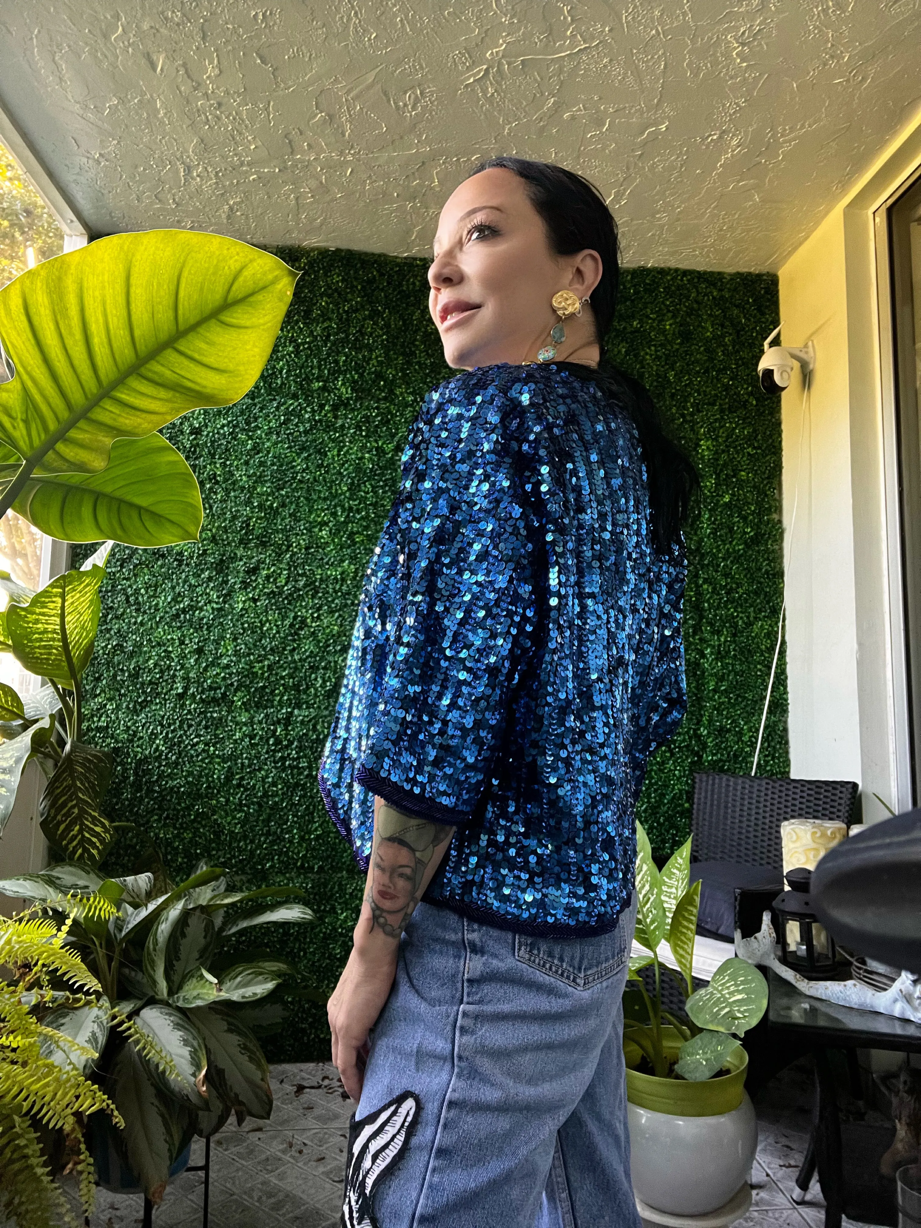 Carribean Blue Sequin Beaded Cropped Bolero Jacket