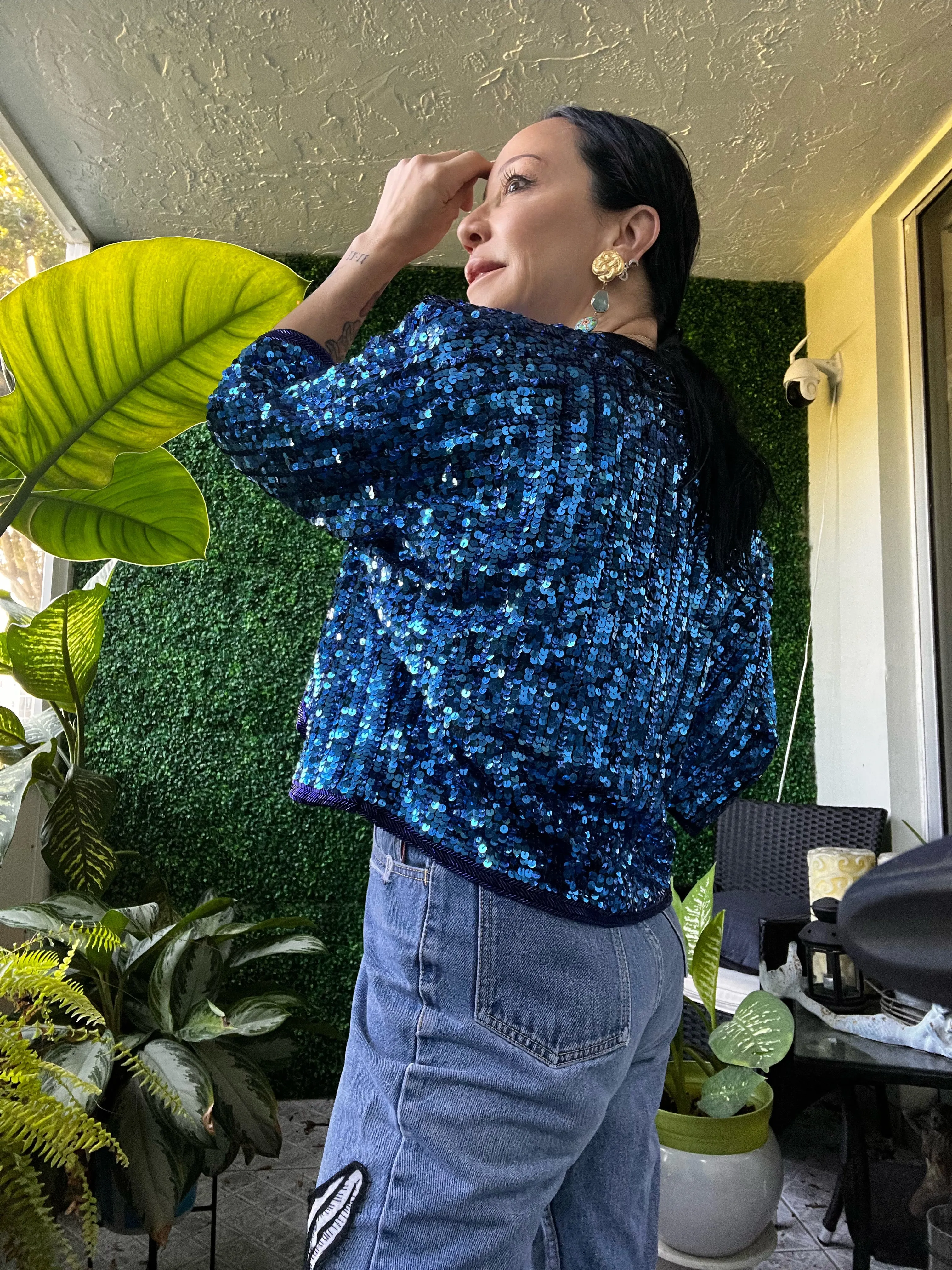 Carribean Blue Sequin Beaded Cropped Bolero Jacket