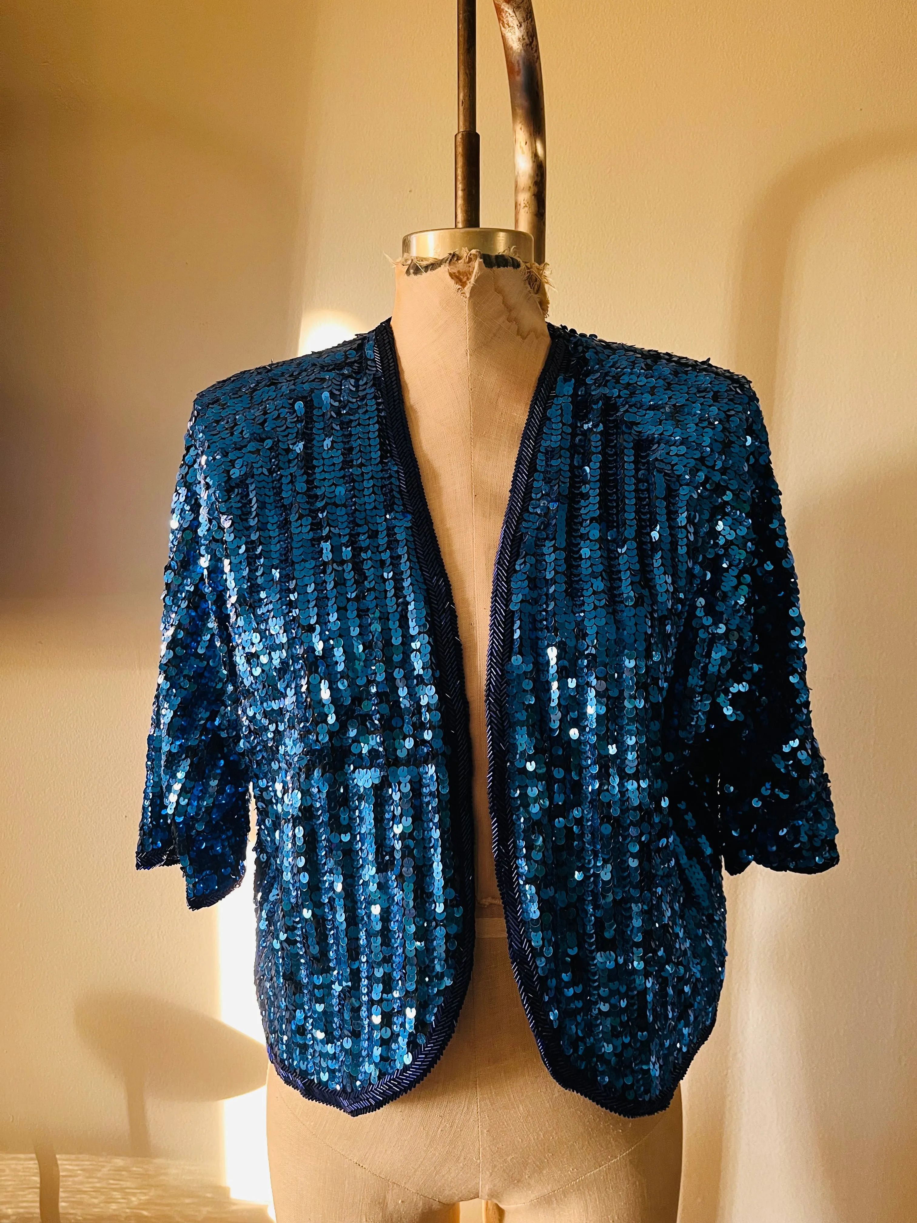 Carribean Blue Sequin Beaded Cropped Bolero Jacket