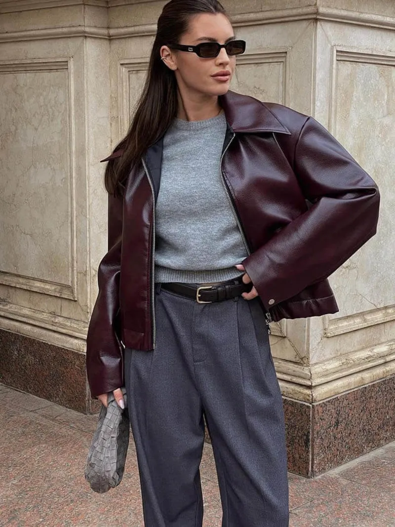 Classic Faux Leather Bomber Jacket
