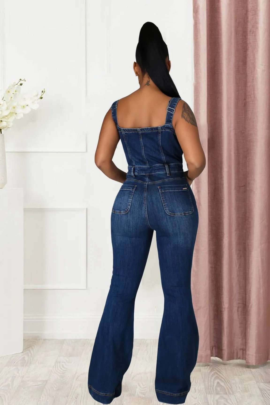 Denim Wide Leg Jumpsuit for Women with Elegant Square Neck and Sleeveless Design