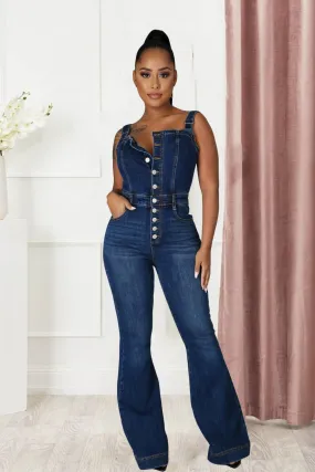 Denim Wide Leg Jumpsuit for Women with Elegant Square Neck and Sleeveless Design