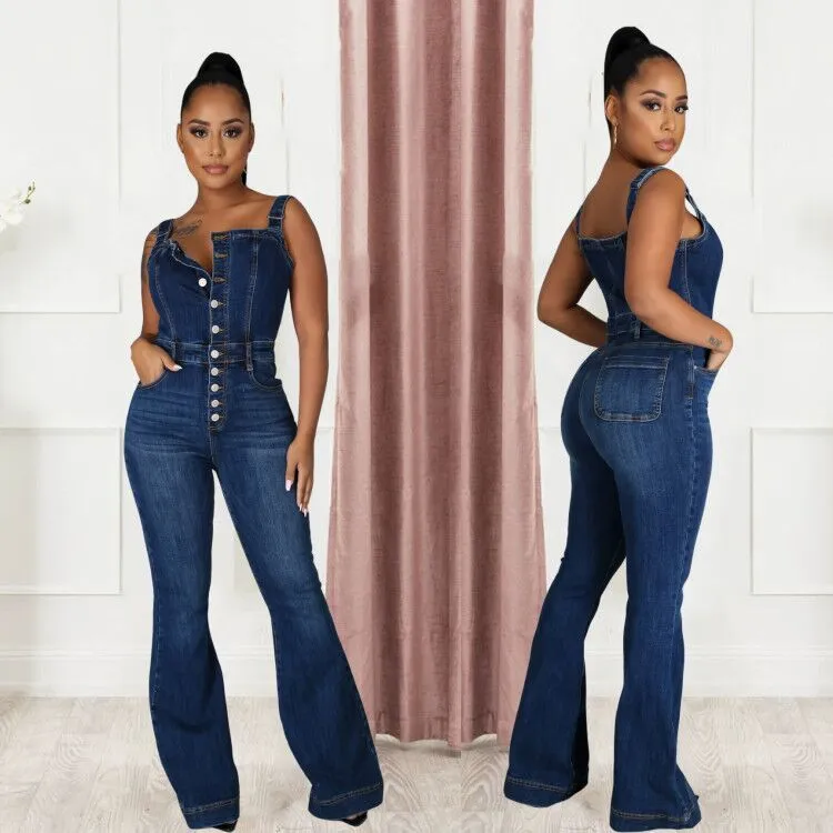 Denim Wide Leg Jumpsuit for Women with Elegant Square Neck and Sleeveless Design