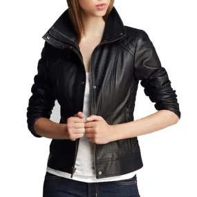 Elegant Women's Stand Collar Soft Lambskin Leather Biker Stylish Jacket