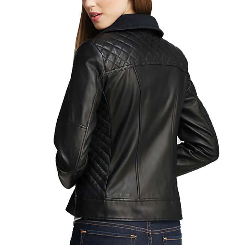 Elegant Women's Stand Collar Soft Lambskin Leather Biker Stylish Jacket