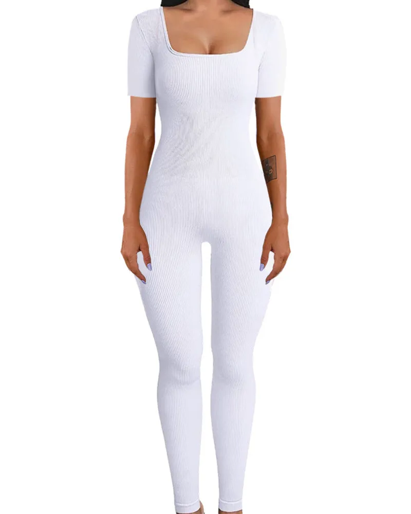 F5030 Women's Jumpsuits Autumn and Winter New Thread Square Collar Hip Raise Slim Fit Sexy Jumpsuit