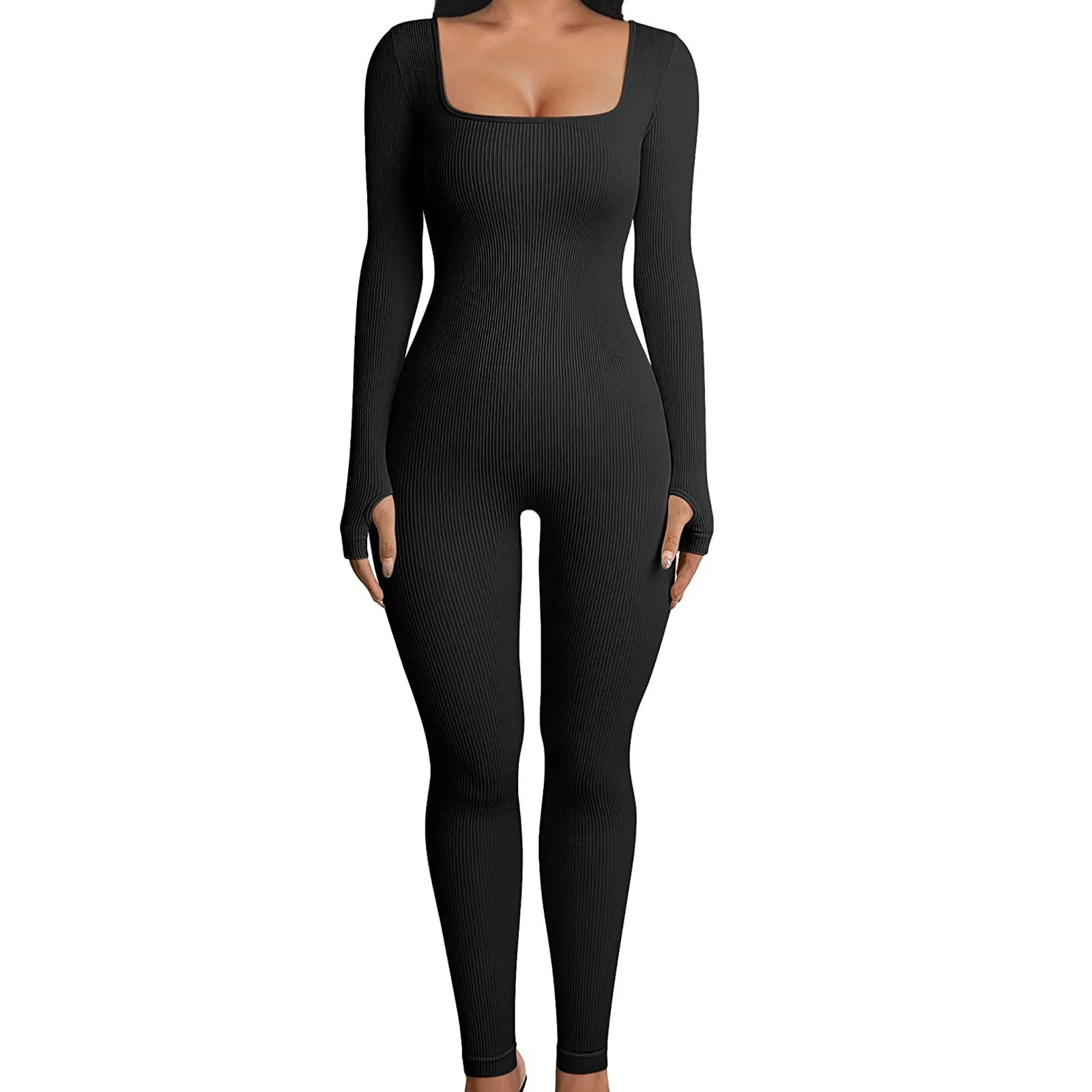 F5030 Women's Jumpsuits Autumn and Winter New Thread Square Collar Hip Raise Slim Fit Sexy Jumpsuit