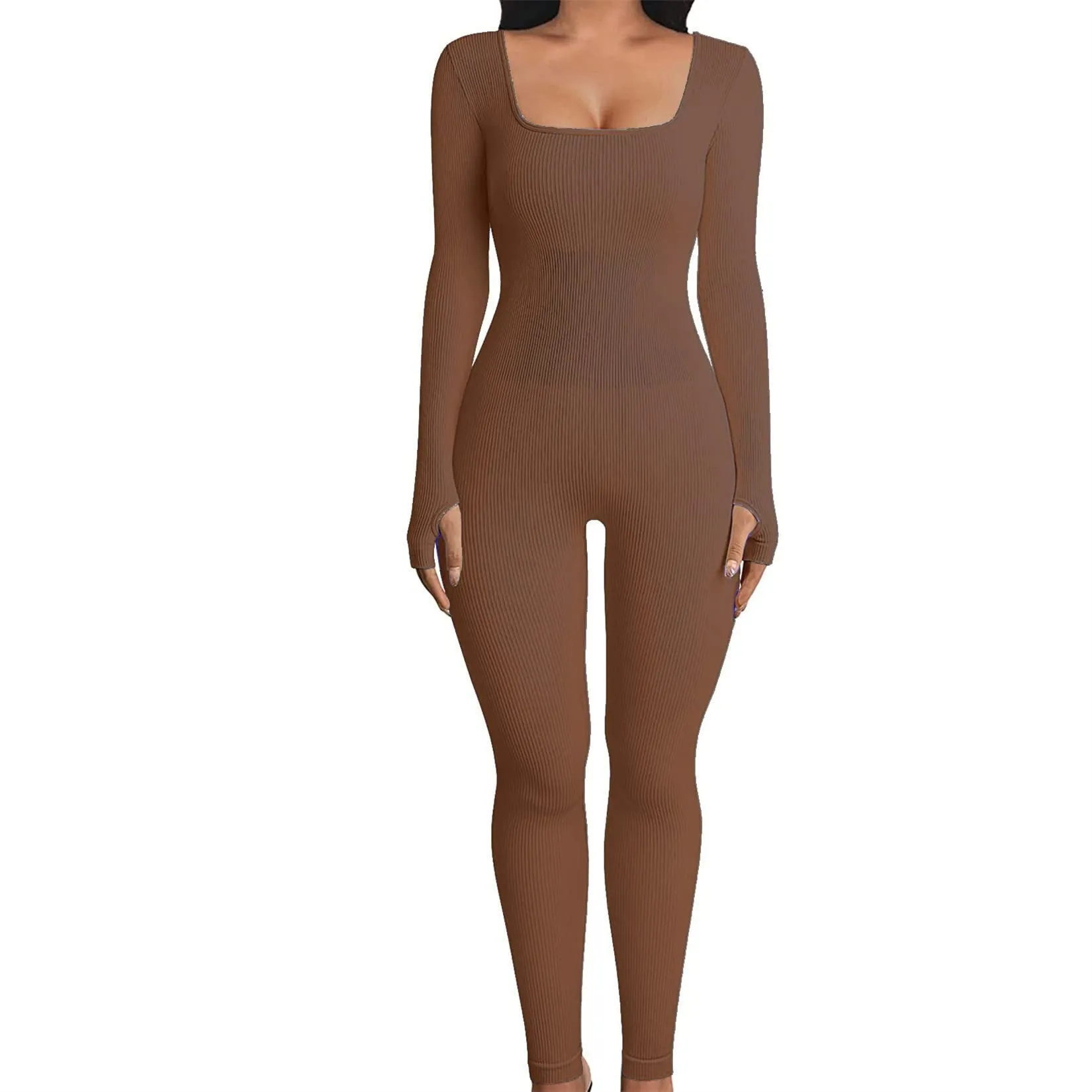 F5030 Women's Jumpsuits Autumn and Winter New Thread Square Collar Hip Raise Slim Fit Sexy Jumpsuit