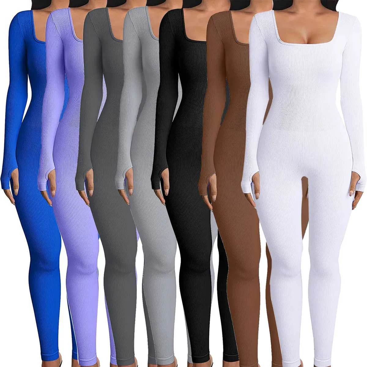 F5030 Women's Jumpsuits Autumn and Winter New Thread Square Collar Hip Raise Slim Fit Sexy Jumpsuit