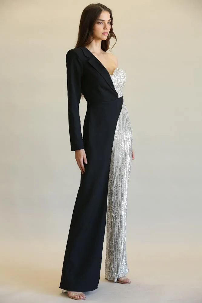 Glamour Fusion: Sequin-Stripe One-Shoulder Jumpsuit with Skirt Detail
