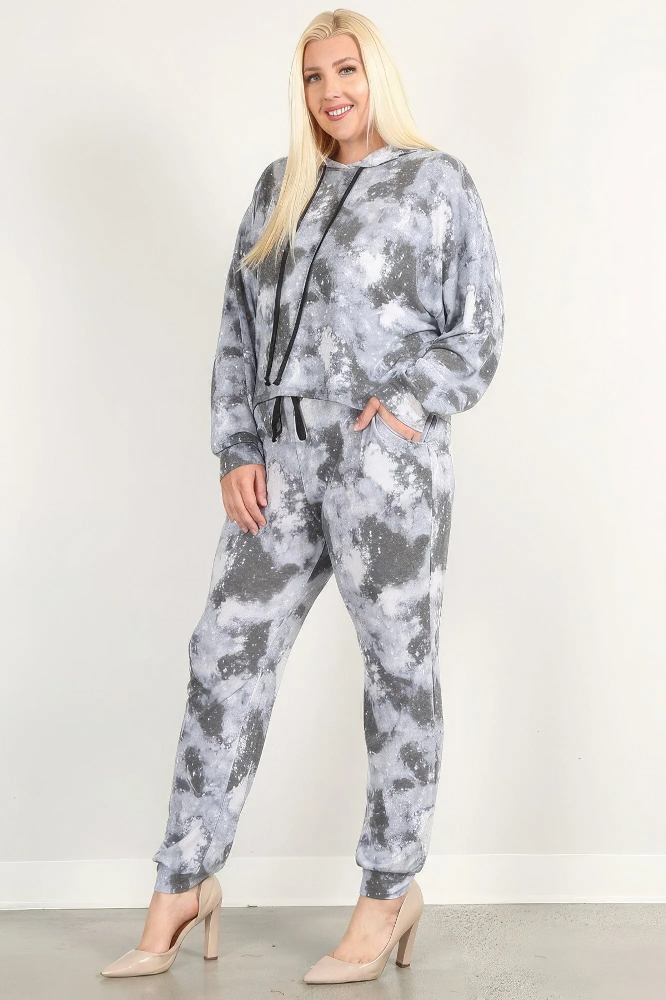 Grey Tie Dye Print Pullover Hoodie And Sweatpants activewear set