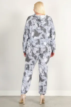 Grey Tie Dye Print Pullover Hoodie And Sweatpants activewear set