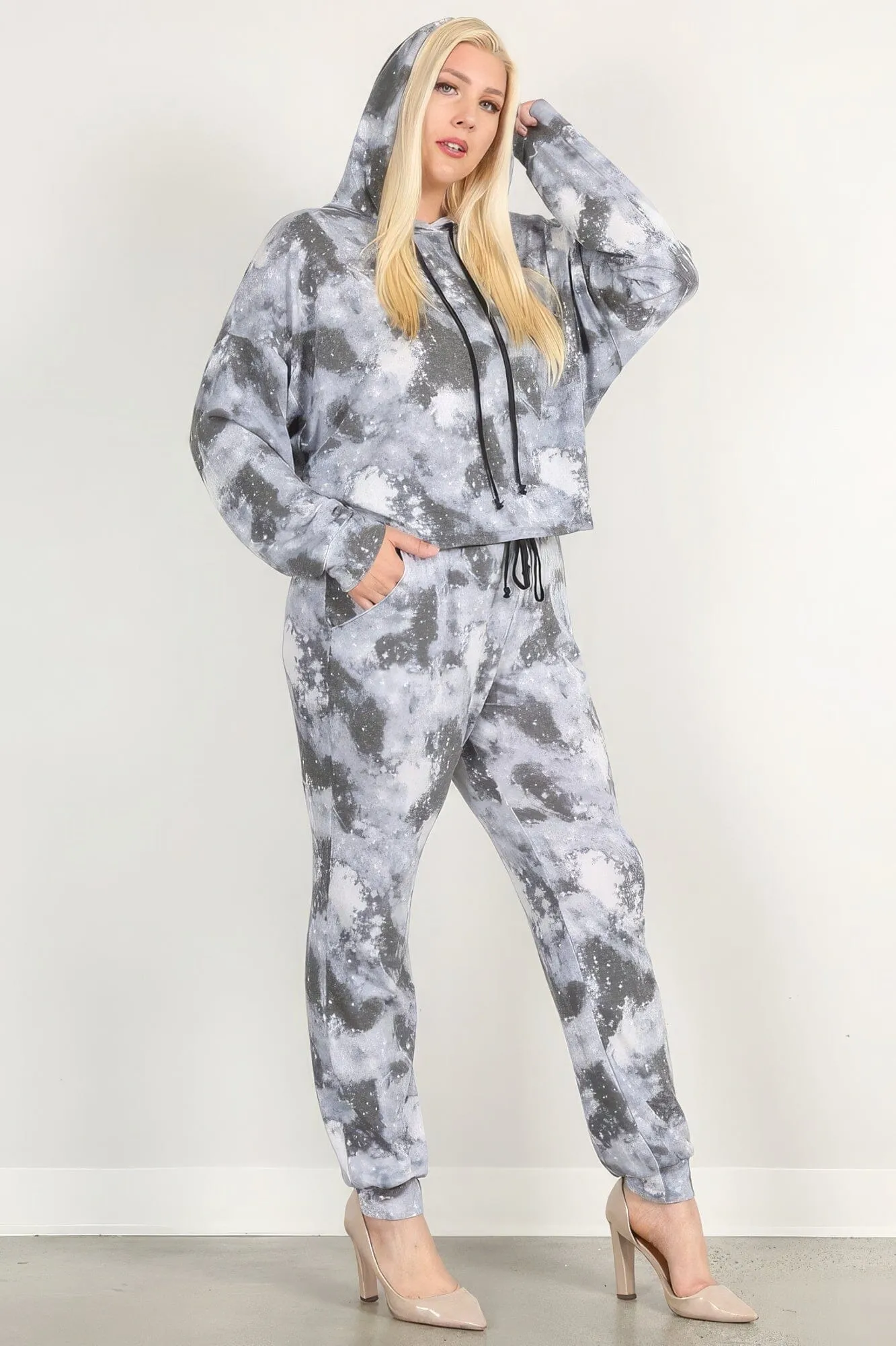 Grey Tie Dye Print Pullover Hoodie And Sweatpants activewear set