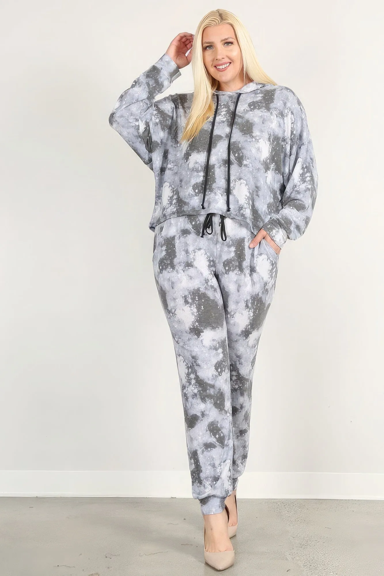 Grey Tie Dye Print Pullover Hoodie And Sweatpants activewear set