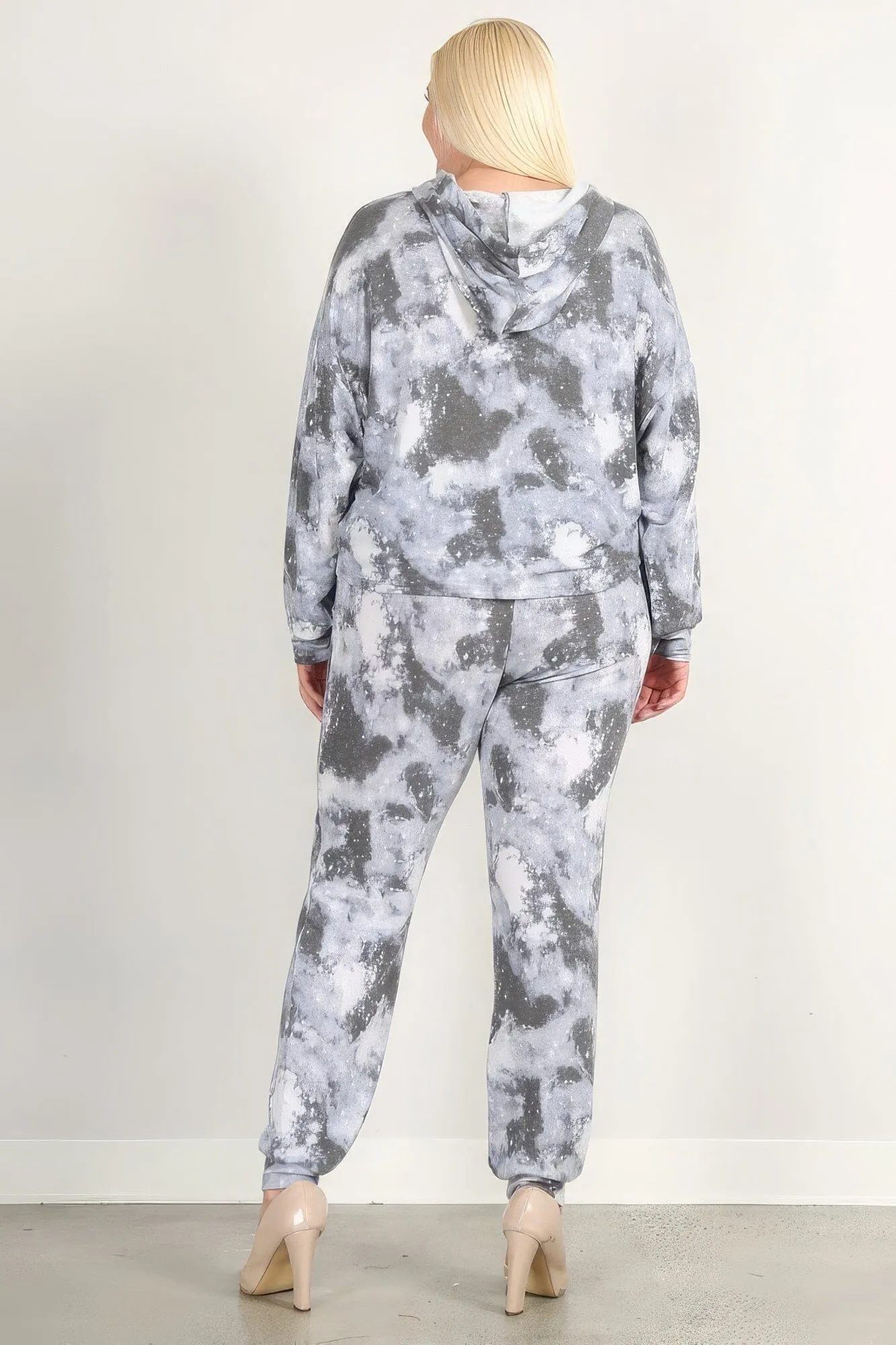 Grey Tie Dye Print Pullover Hoodie And Sweatpants activewear set