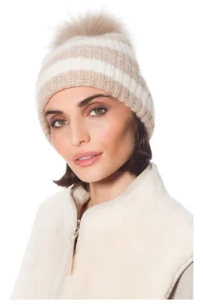 Linda Richards Knit Stripe Pom-pom Hat HA-81 | Taupe