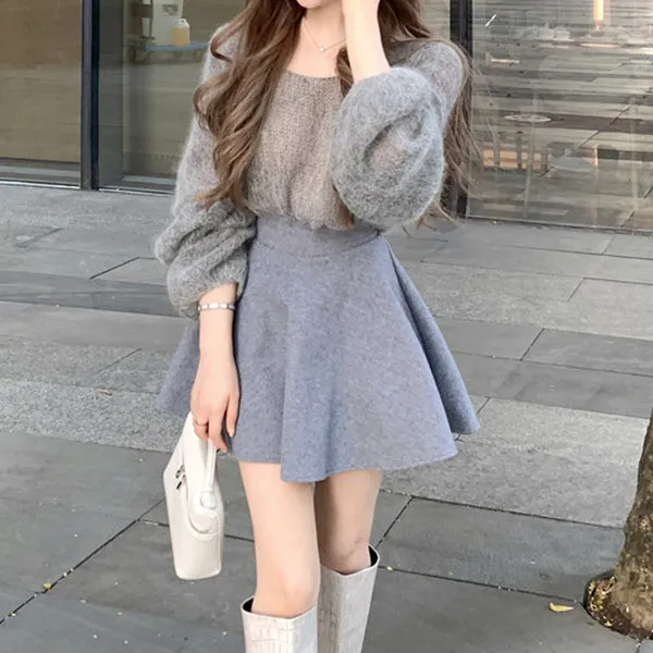 Long-Sleeved V-Neck Sweater High-Waisted Skirt Set
