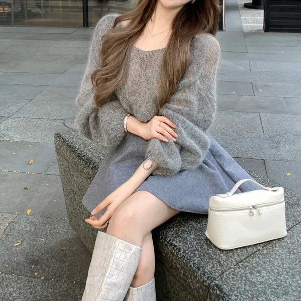 Long-Sleeved V-Neck Sweater High-Waisted Skirt Set