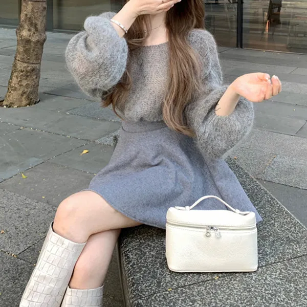 Long-Sleeved V-Neck Sweater High-Waisted Skirt Set