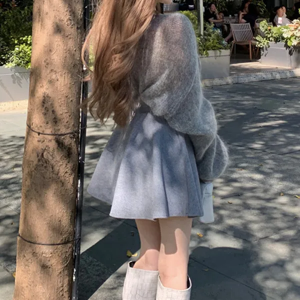 Long-Sleeved V-Neck Sweater High-Waisted Skirt Set