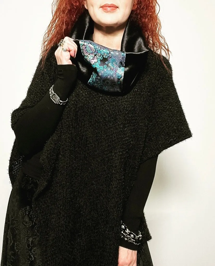 Luxe Collar - Loop Scarf - Black Velvet & Blue Silk Brocade