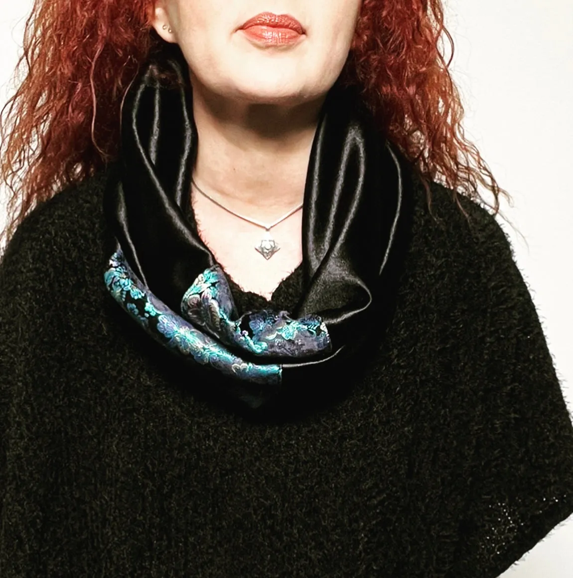 Luxe Collar - Loop Scarf - Black Velvet & Blue Silk Brocade