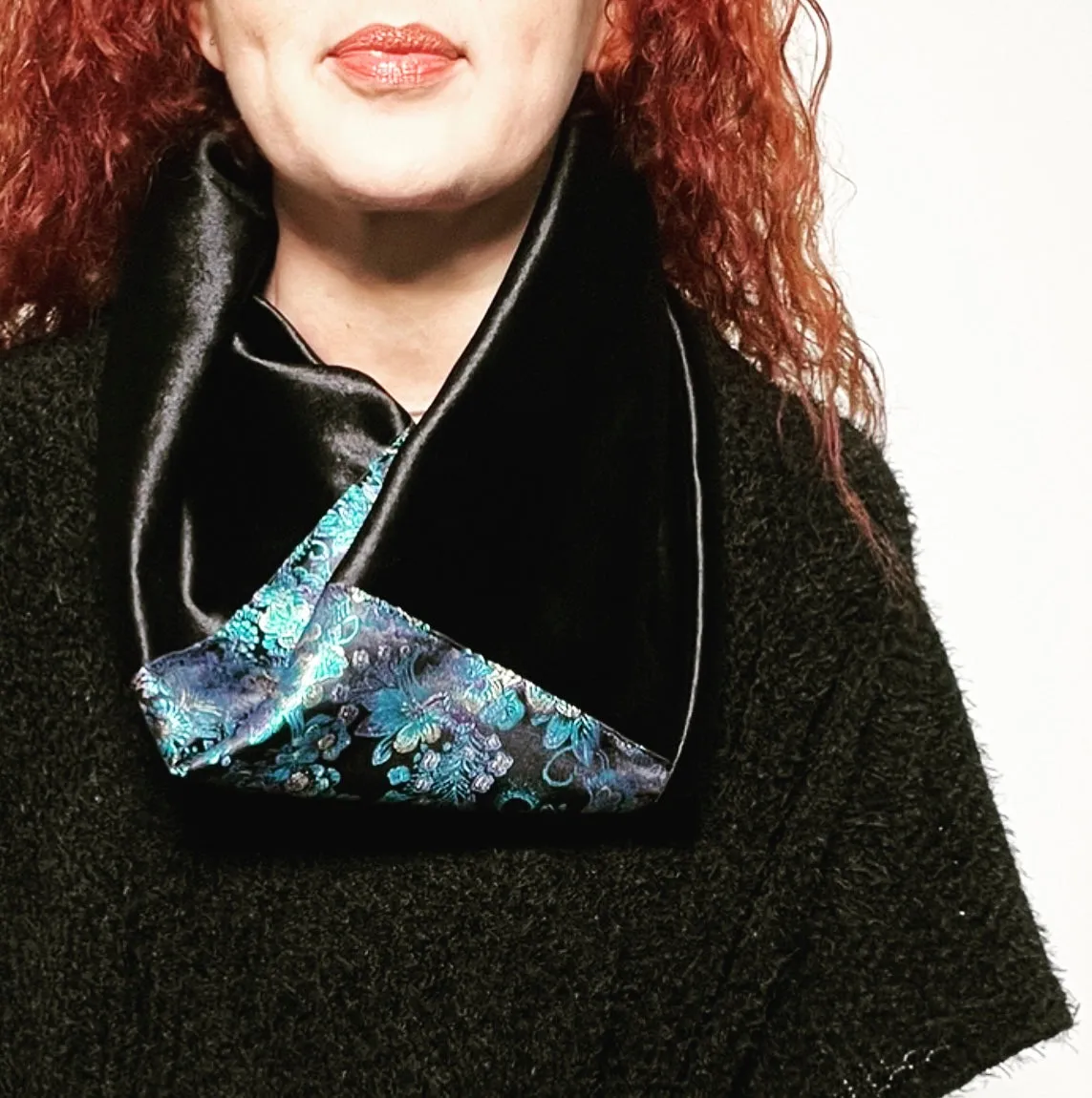Luxe Collar - Loop Scarf - Black Velvet & Blue Silk Brocade