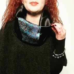 Luxe Collar - Loop Scarf - Black Velvet & Blue Silk Brocade