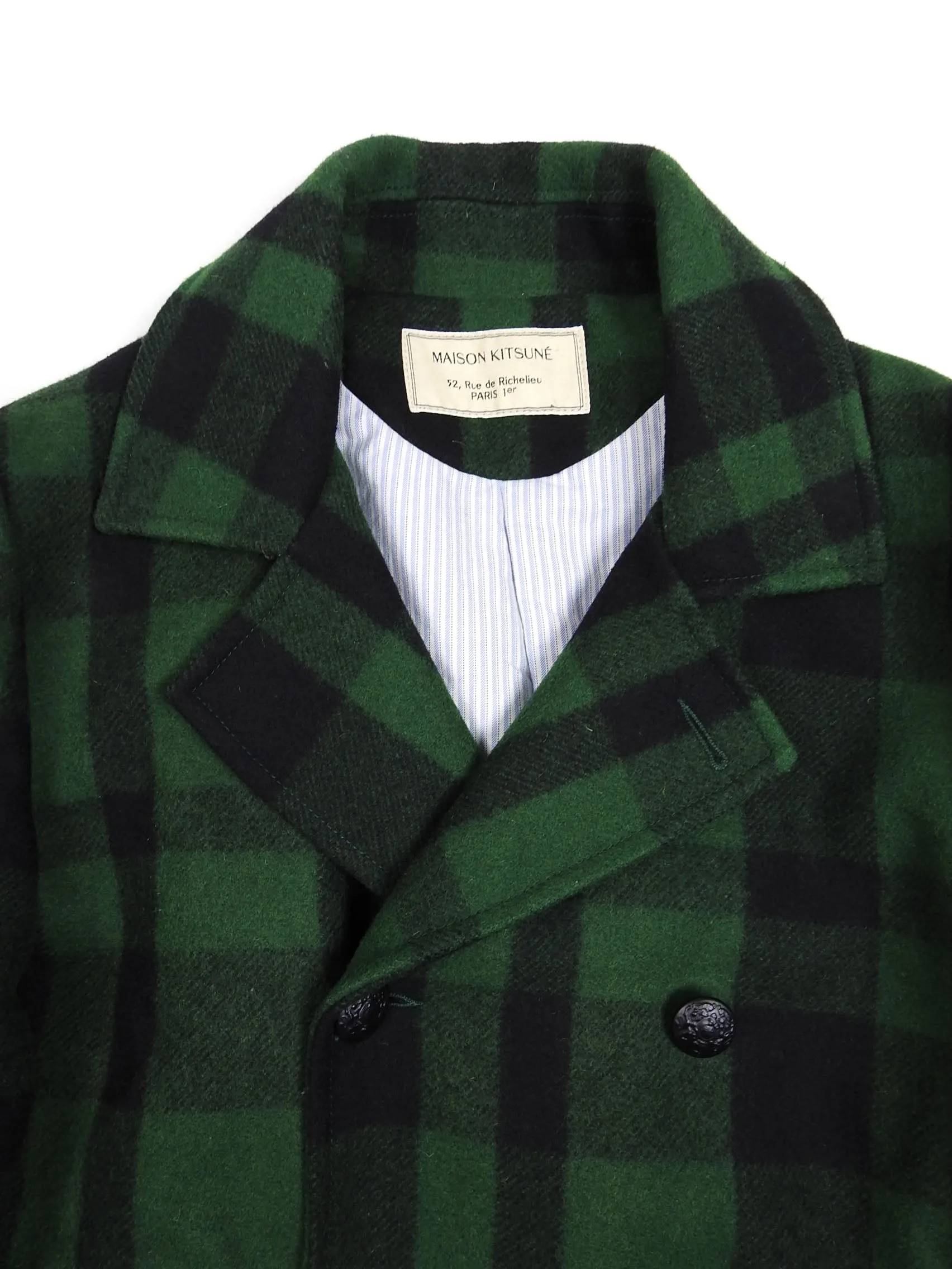 Maison Kitsune Green Wool Check Peacoat Size Medium