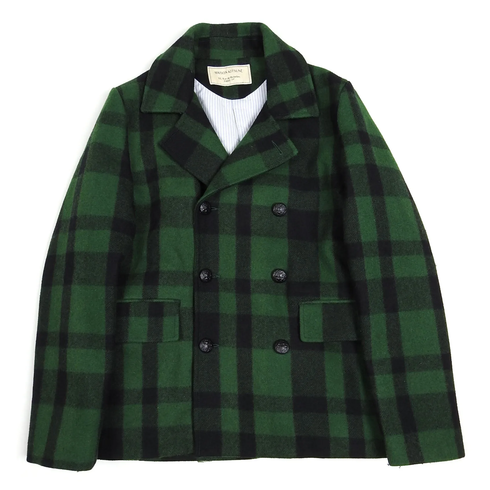 Maison Kitsune Green Wool Check Peacoat Size Medium