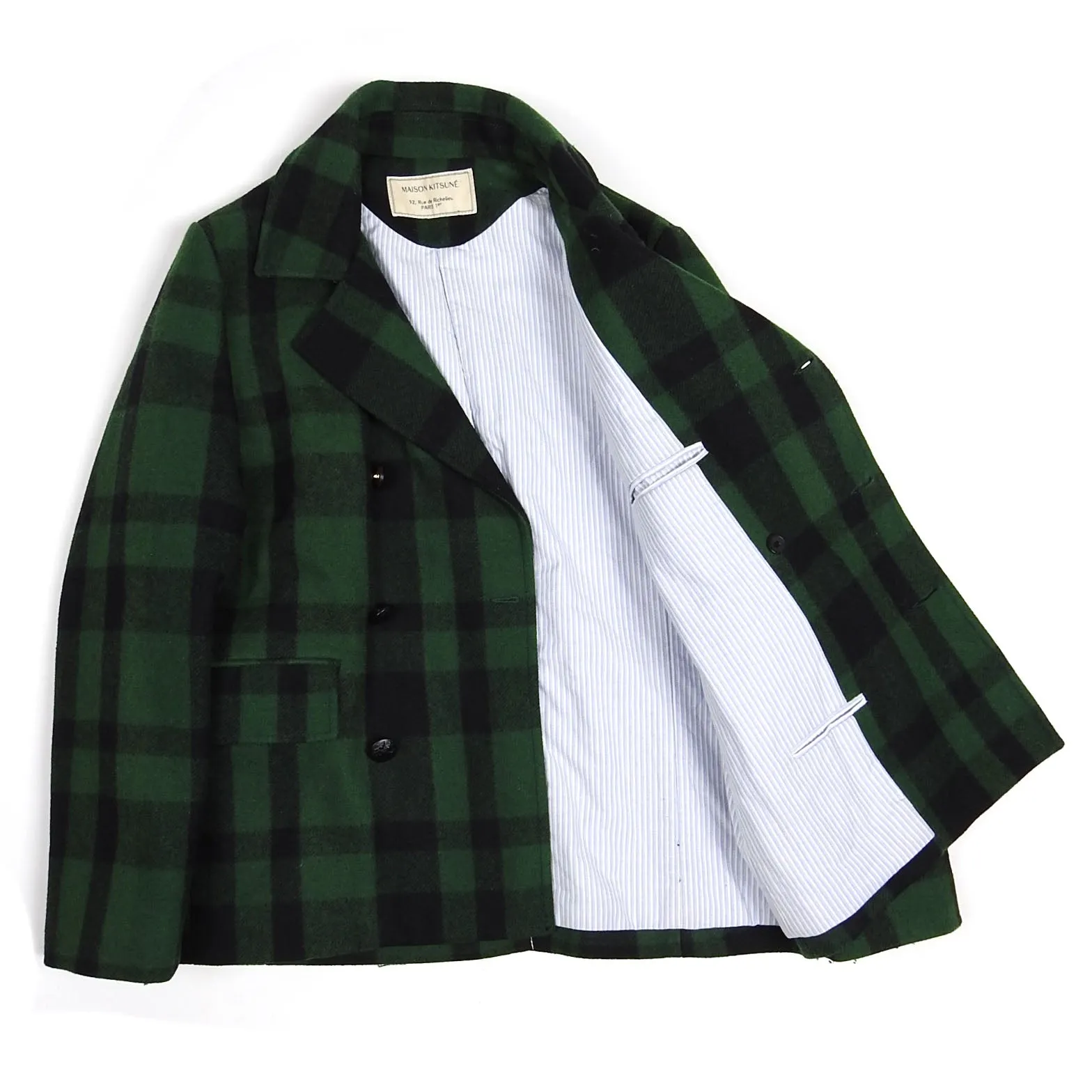 Maison Kitsune Green Wool Check Peacoat Size Medium