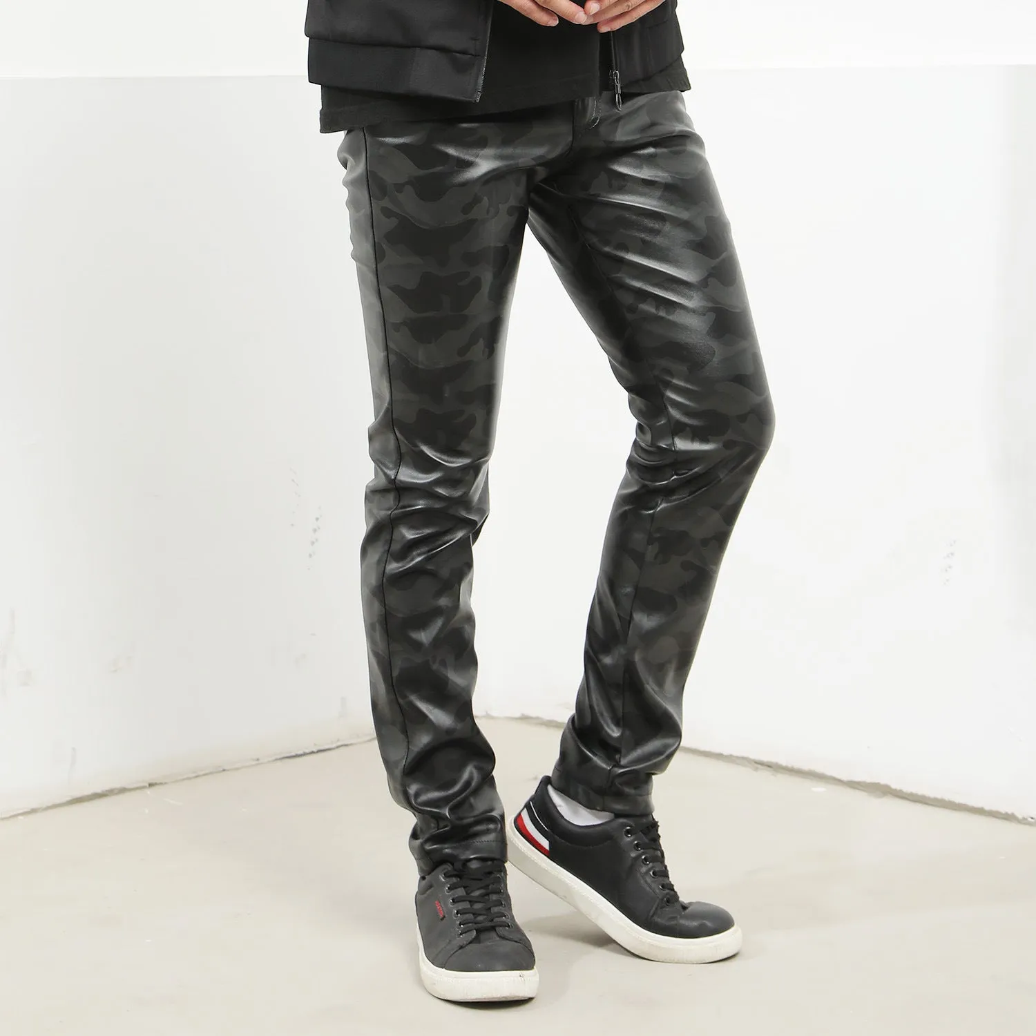 Mens Leather Pants Camouflage Young And Middle-Aged Leather Pants Men 'S Stretch Slim PU Leather Pants