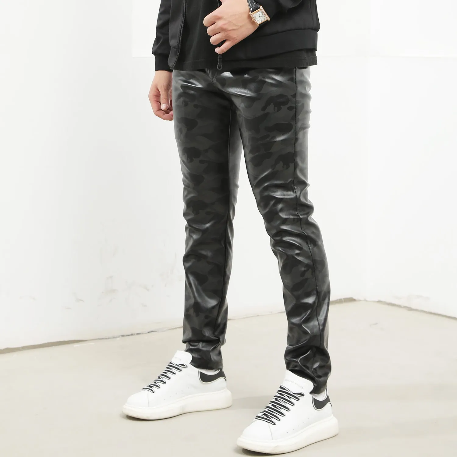 Mens Leather Pants Camouflage Young And Middle-Aged Leather Pants Men 'S Stretch Slim PU Leather Pants