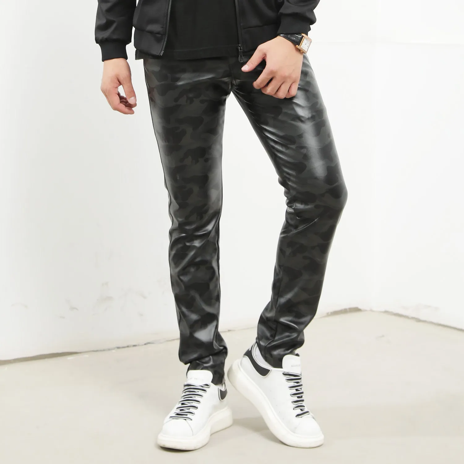 Mens Leather Pants Camouflage Young And Middle-Aged Leather Pants Men 'S Stretch Slim PU Leather Pants