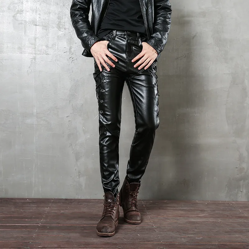 Mens Leather Pants Motorcycle Teenagers Men Leather Pants PU Leather Punk Leather Rope Tights Men Leather Pants