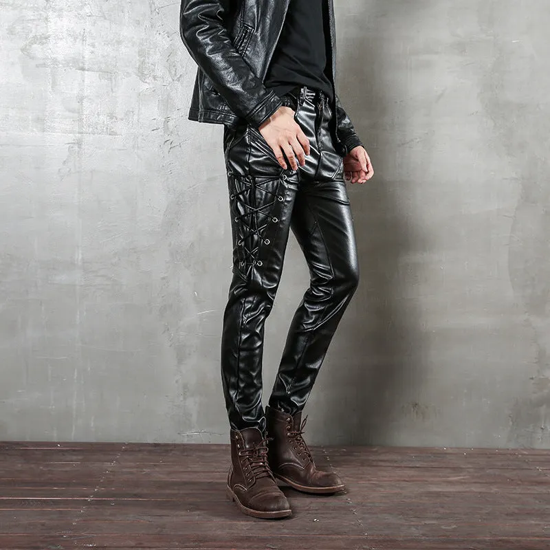 Mens Leather Pants Motorcycle Teenagers Men Leather Pants PU Leather Punk Leather Rope Tights Men Leather Pants
