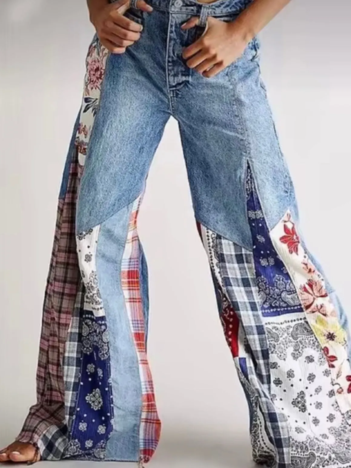 Mix printed fabrics and blue washed flare jeans pants