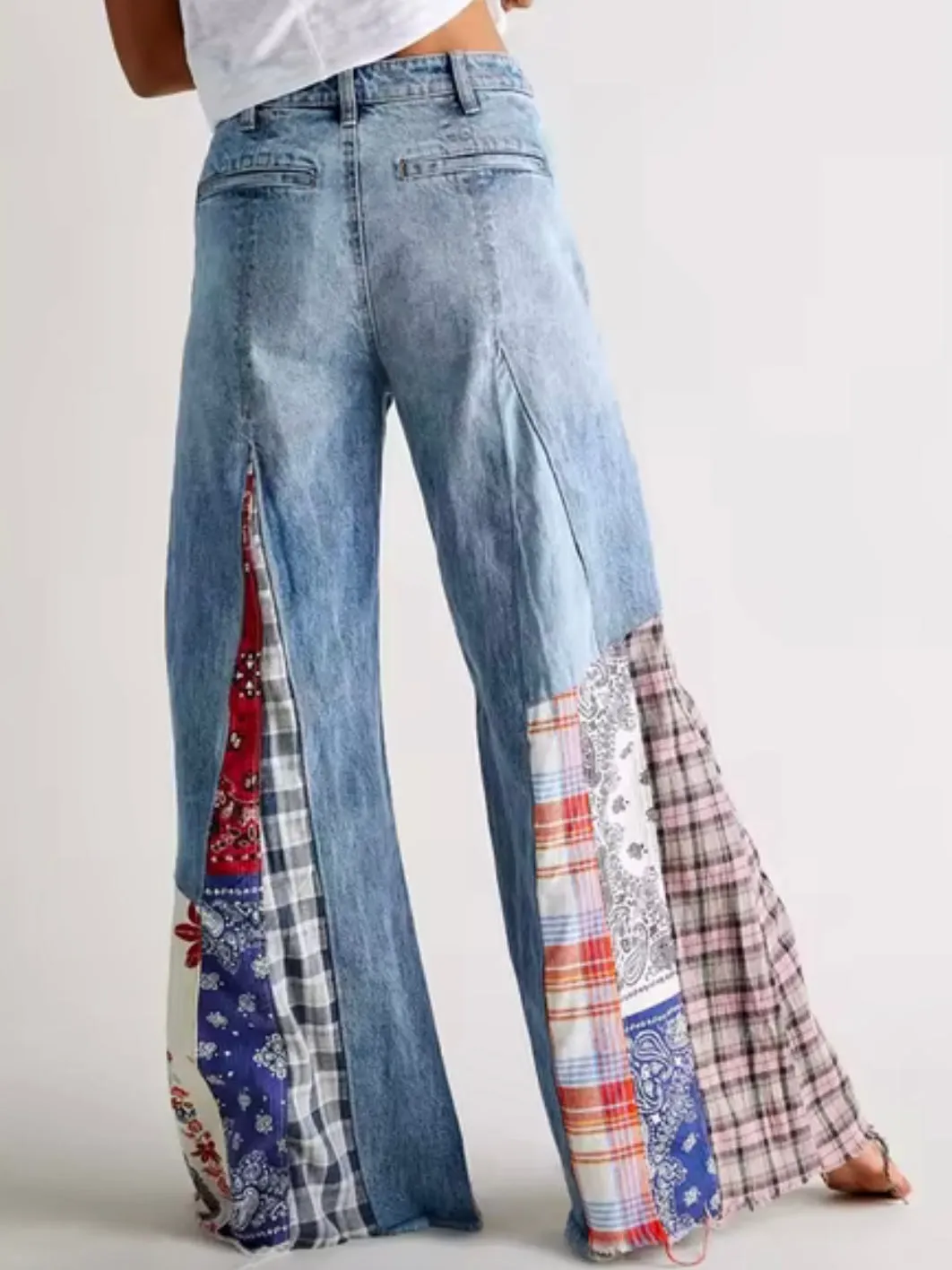 Mix printed fabrics and blue washed flare jeans pants