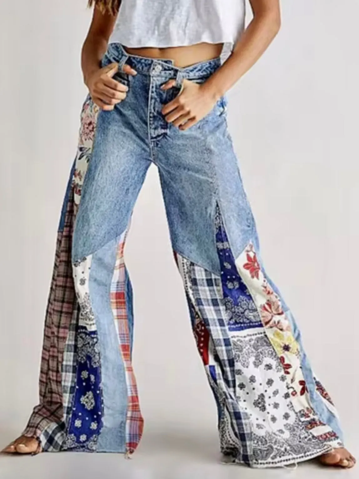 Mix printed fabrics and blue washed flare jeans pants
