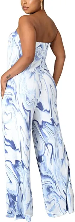 Mosaic Brown Strapless Wide Leg Jumpsuit