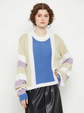 Multicolor Color block Round neck sweater