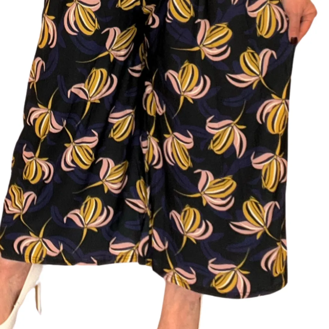 NAVY MUSTARD ELASTIC WAIST 3/4 LENGTH PALAZZO TROUSERS CULOTTES