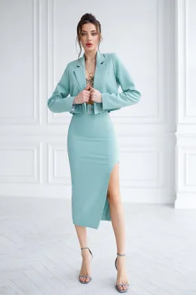 Olive Crop Jacket Skirt Suit 2-Piece Suit