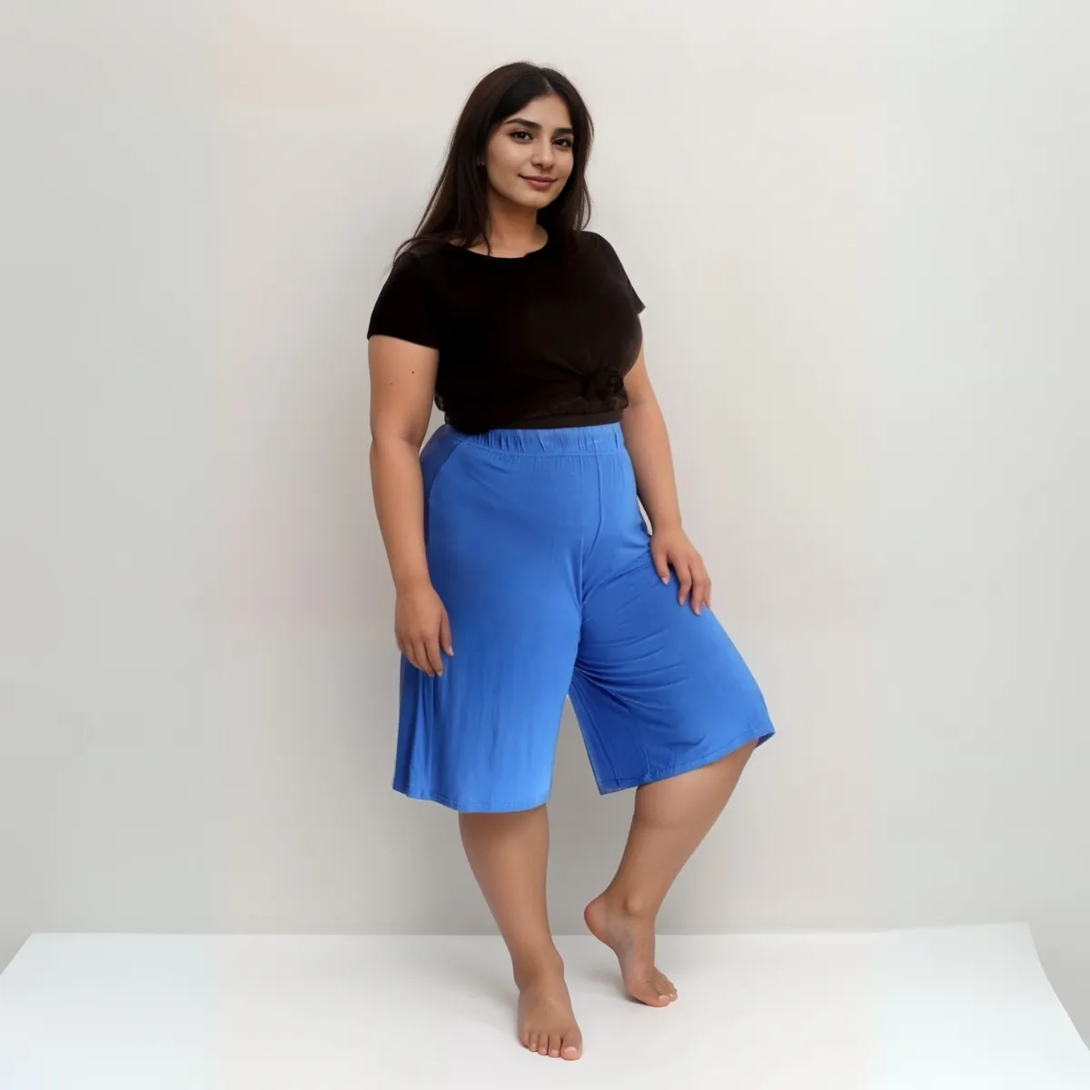PLAIN ELASTIC HIGH WAIST WIDE LEG CULOTTES SHORTS