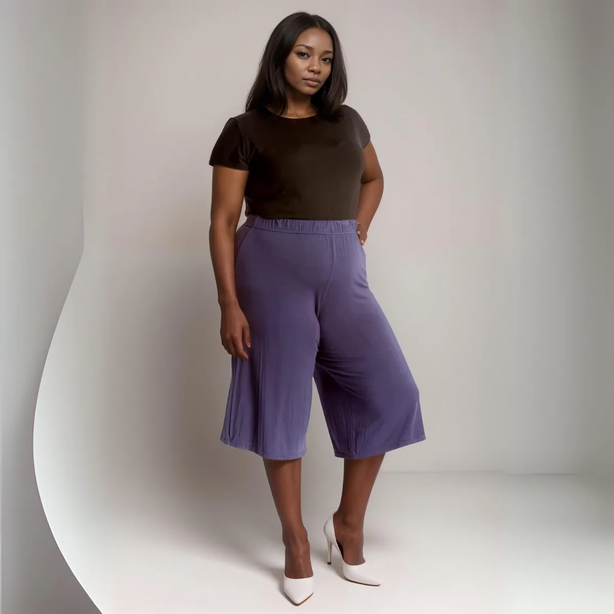 PLAIN ELASTIC HIGH WAIST WIDE LEG CULOTTES SHORTS